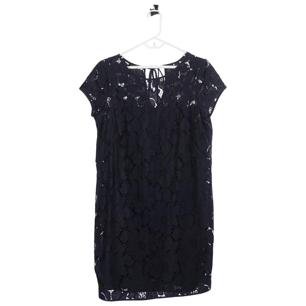 LOFT Dress 12P Navy Blue Lace Lined Short Sleeve Shift Tie-Neck Casual